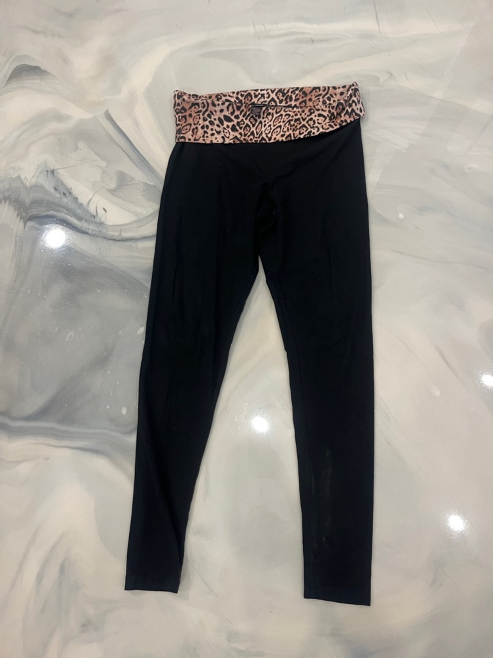 Victoria's Secret Black Leggings with Pink Leopard Fold-Over Waistband